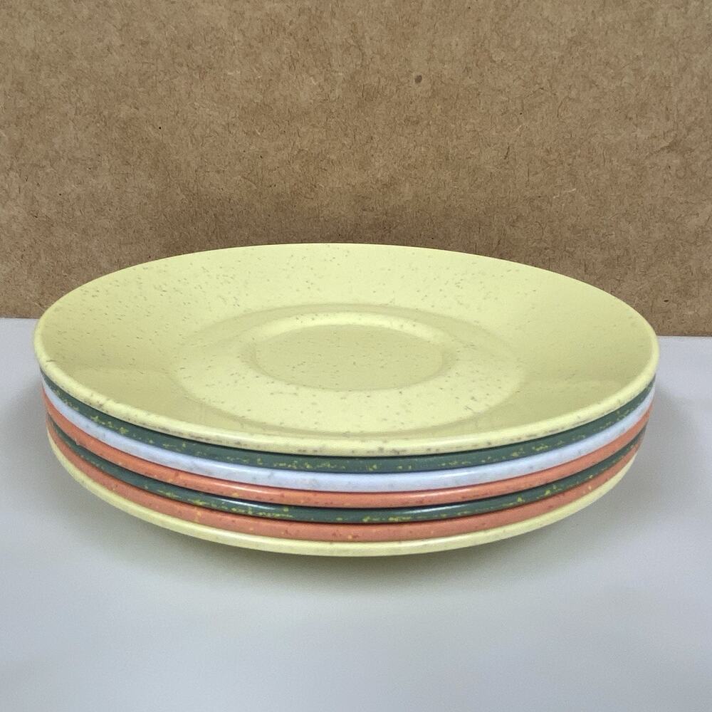 Vintage Cadence Melamine 6” Saucers Blue Yellow Orange Speckled Set of 7 MCM
